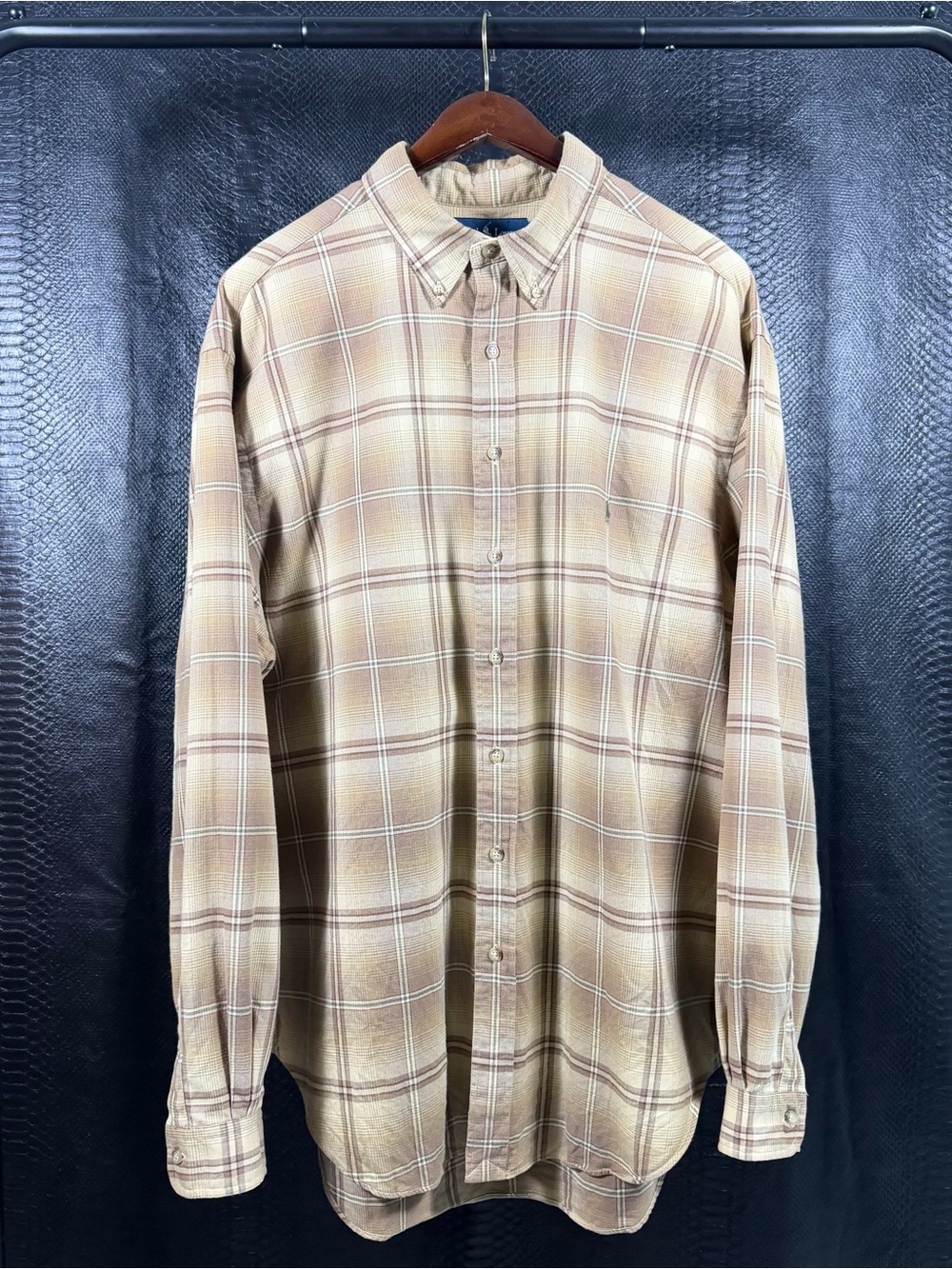 Ralph Lauren Button Down Shirt Mens 2XLT Tan Green Pony Plaid Classic Fit Preppy